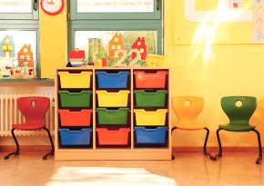 Low cabinets with plastic materials trays.