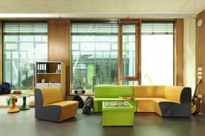 Colorful seating and couch elements.